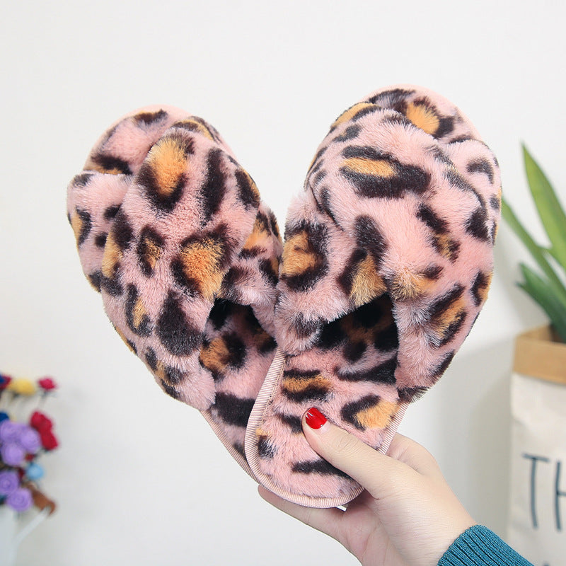 Cross-strap Fuzzy Slippers Leopard Plush House Slippers