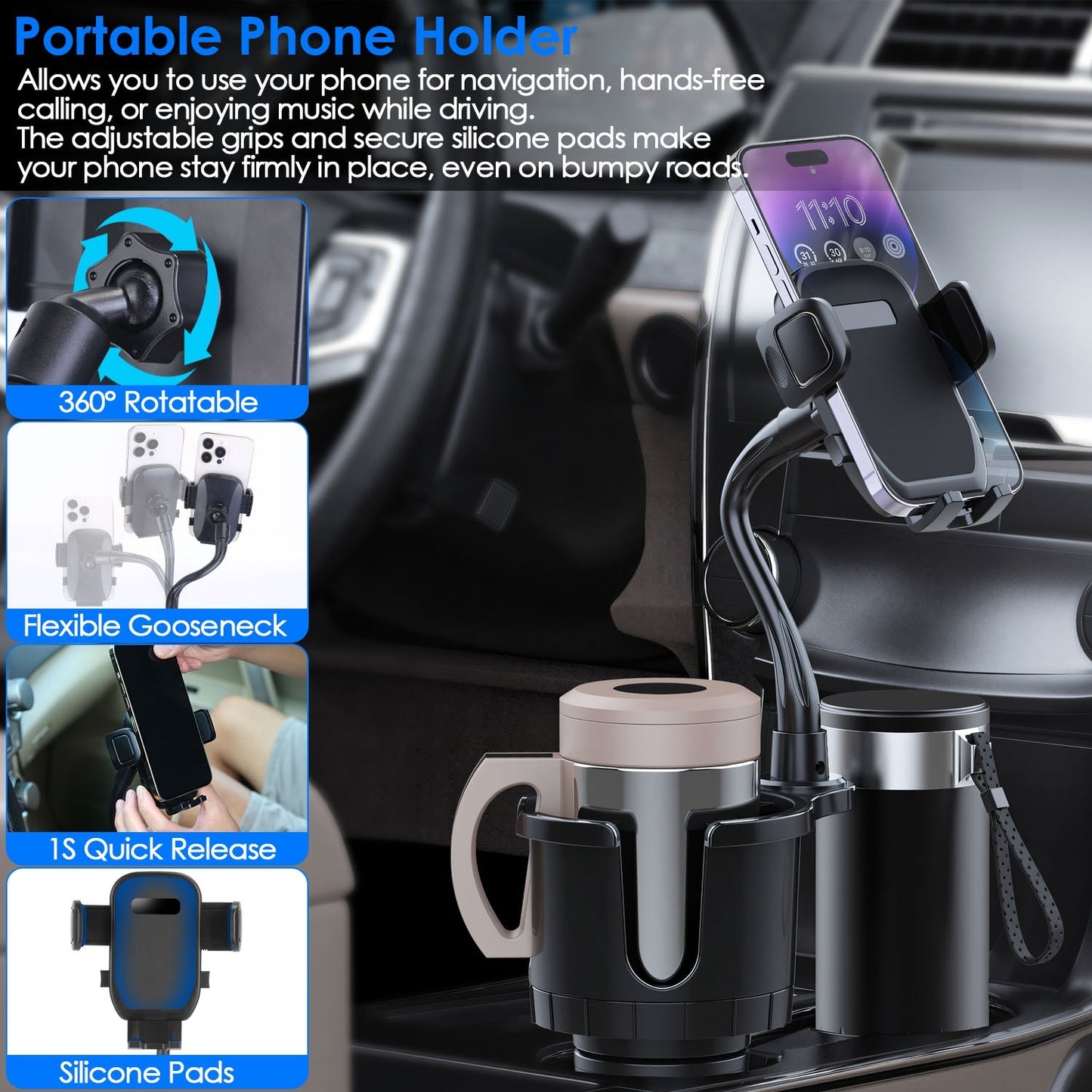 2 In 1 Car Cup Holder With 360 Degree Rotating Gooseneck Phone Mount