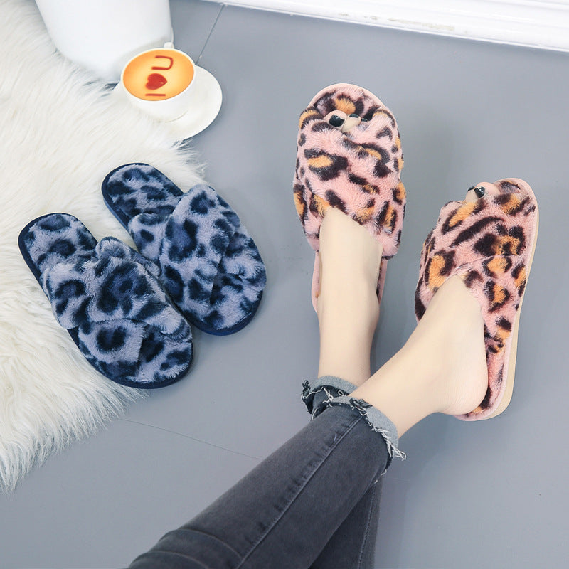 Cross-strap Fuzzy Slippers Leopard Plush House Slippers