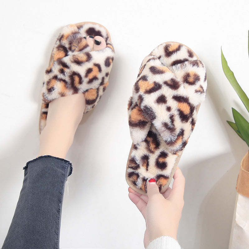 Cross-strap Fuzzy Slippers Leopard Plush House Slippers