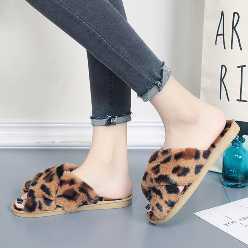 Cross-strap Fuzzy Slippers Leopard Plush House Slippers