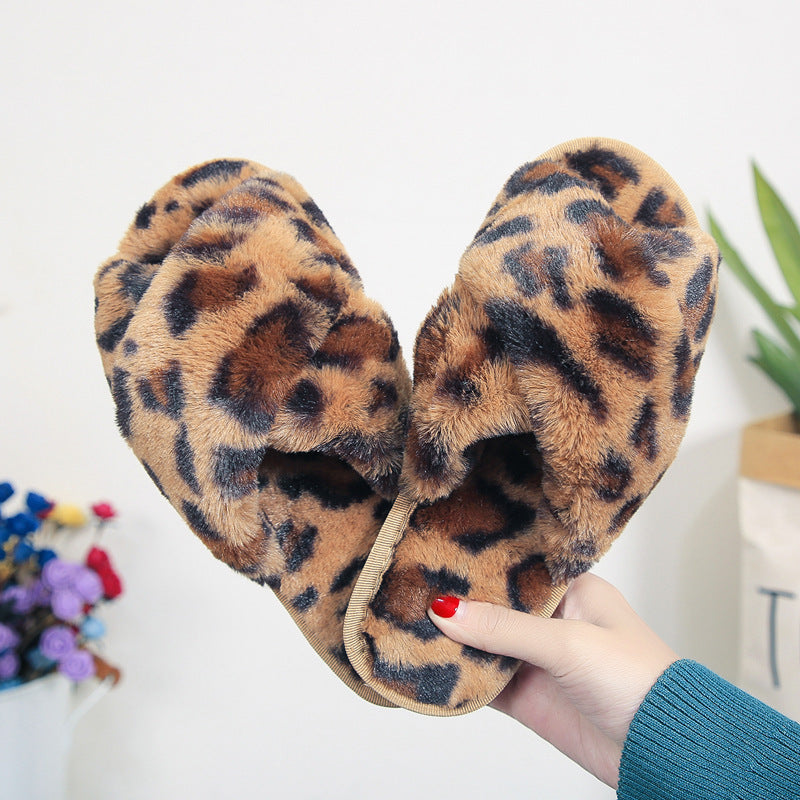 Cross-strap Fuzzy Slippers Leopard Plush House Slippers
