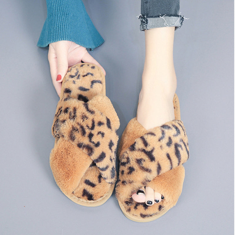 Cross-strap Fuzzy Slippers Leopard Plush House Slippers