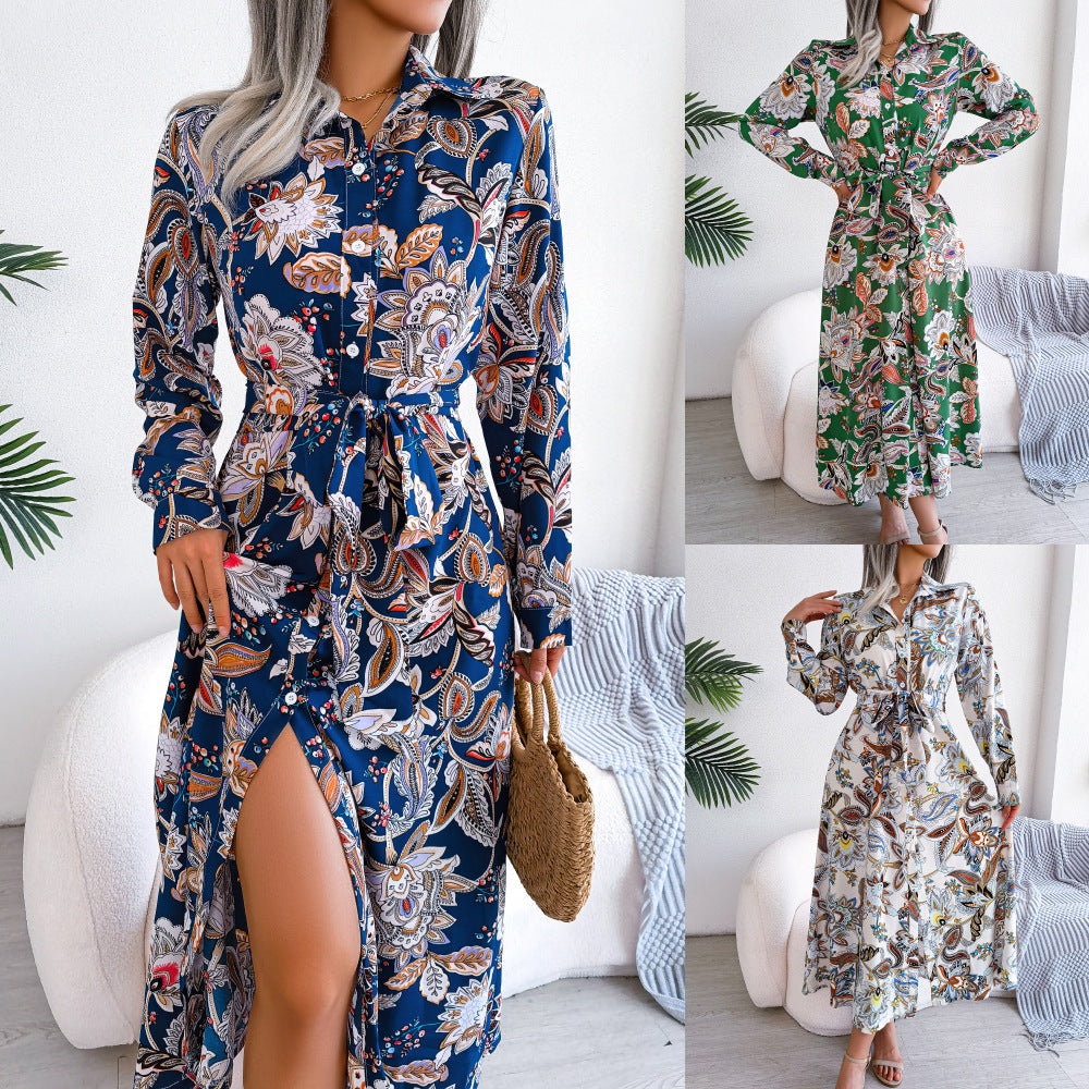 Floral Stand Collar Belted Dress Long Skirt