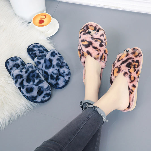 Cross-strap Fuzzy Slippers Leopard Plush House Slippers