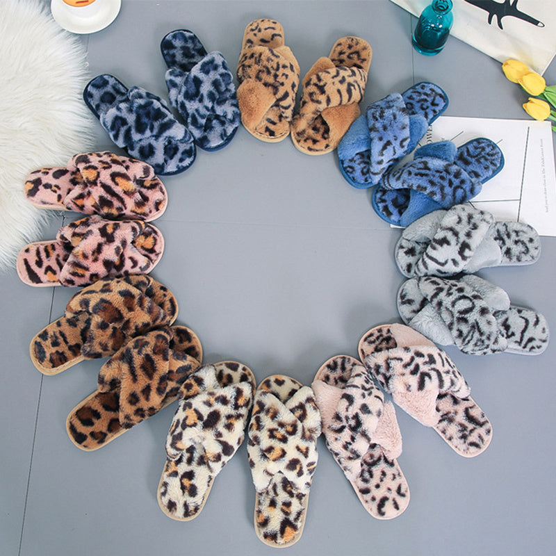 Cross-strap Fuzzy Slippers Leopard Plush House Slippers