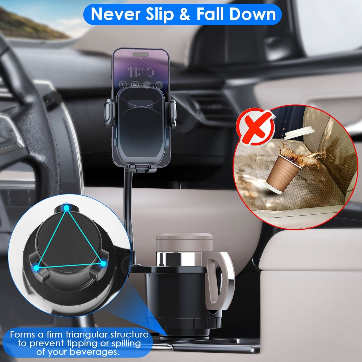 2 In 1 Car Cup Holder With 360 Degree Rotating Gooseneck Phone Mount