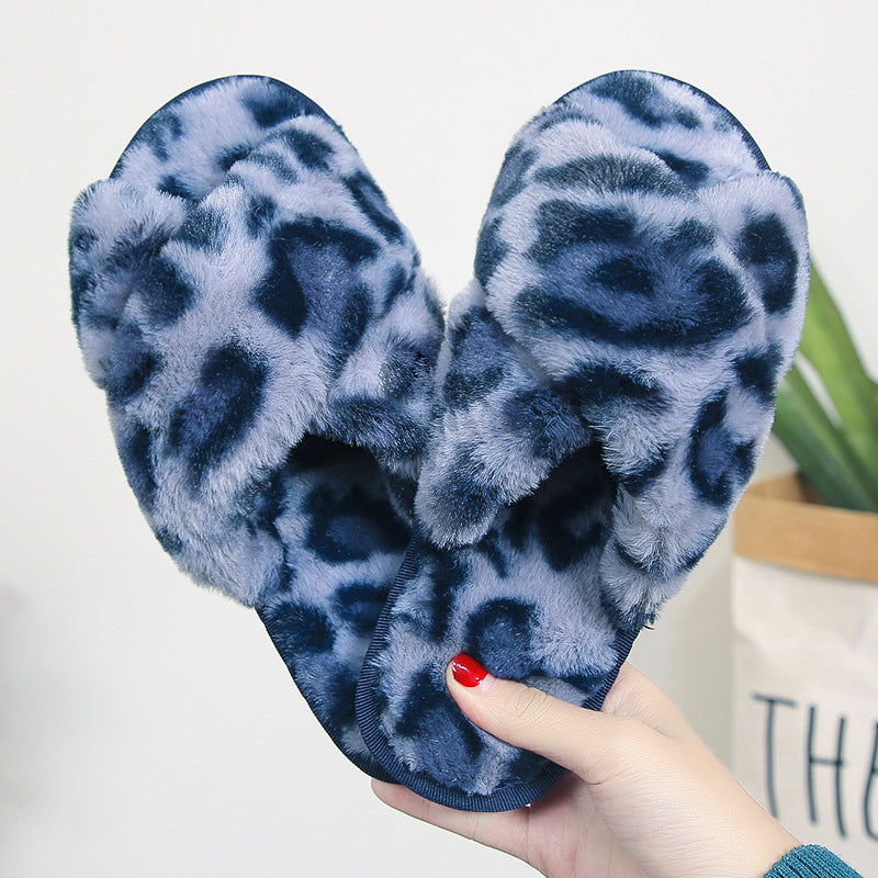 Cross-strap Fuzzy Slippers Leopard Plush House Slippers