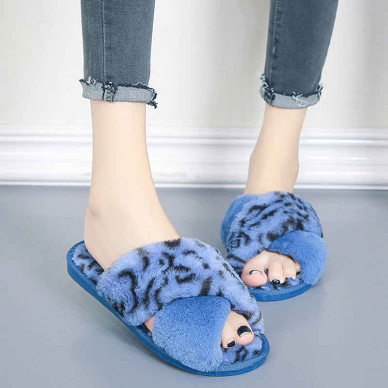 Cross-strap Fuzzy Slippers Leopard Plush House Slippers
