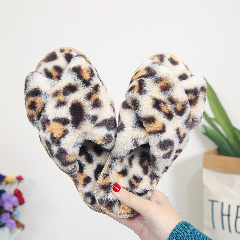 Cross-strap Fuzzy Slippers Leopard Plush House Slippers
