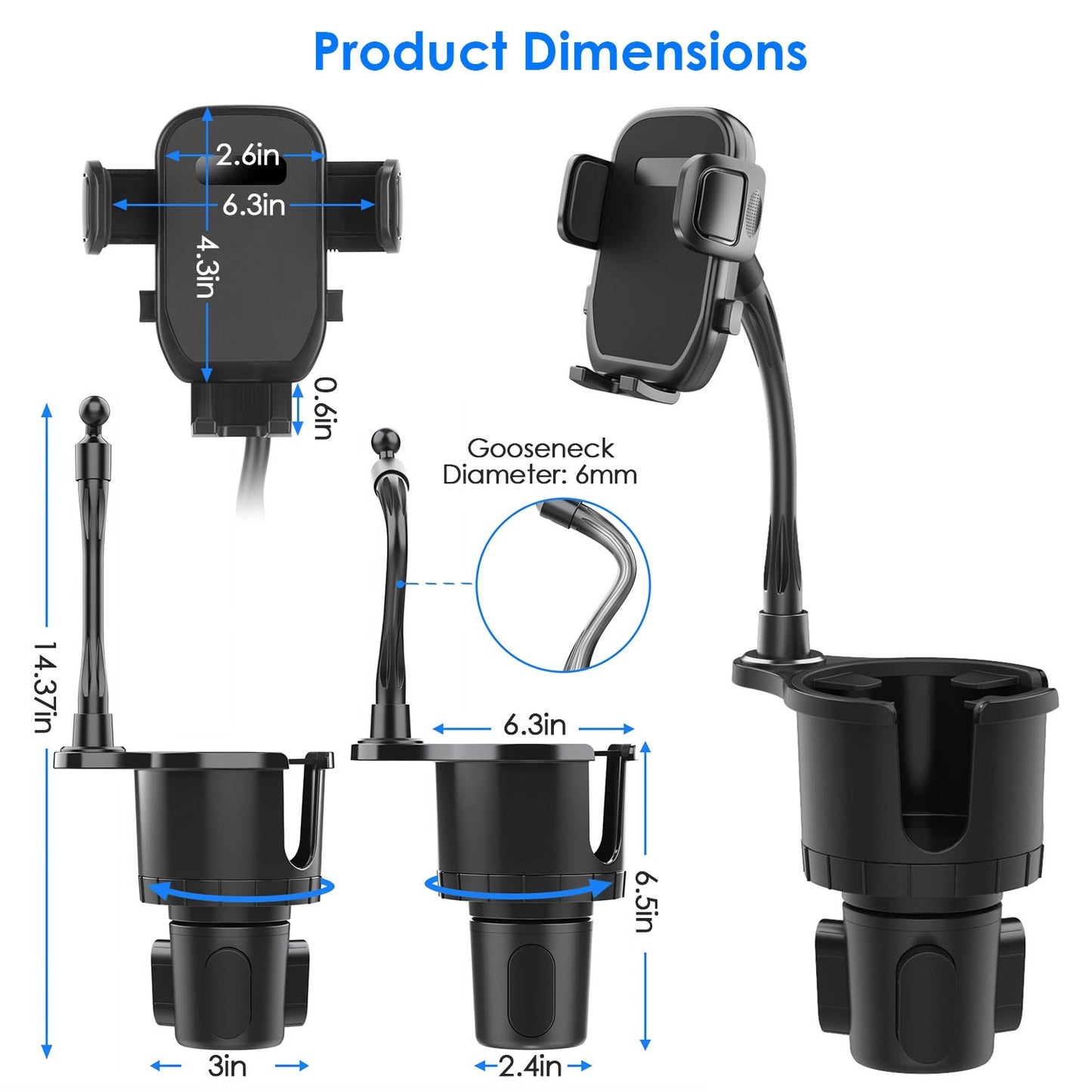 2 In 1 Car Cup Holder With 360 Degree Rotating Gooseneck Phone Mount
