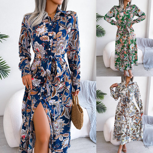 Floral Stand Collar Belted Dress Long Skirt